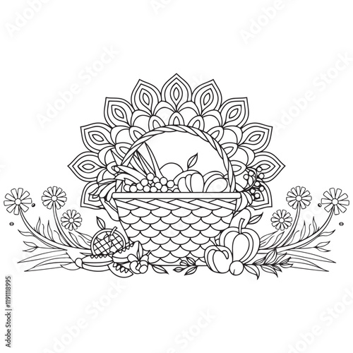 Basket full of fruits and vegetables outline coloring page. Thanksgiving hand drawn colouring