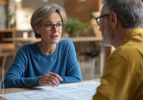 A middle-aged woman in a blue sweater and glasses is talking to an older man with gray hair wearing a yellow shirt