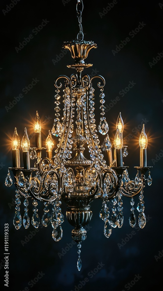 Elegant Crystal Chandelier Illuminating a Dark Background Elegant Crystal Chandelier Illuminating a Dark Background