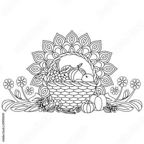 Basket full of fruits and vegetables outline coloring page. Thanksgiving hand drawn colouring