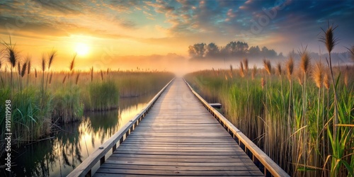 Serene Reed Boardwalk Pathway Leading into a Tranquil Landscape – Perfect for Travel, Adventure, and Outdoor Design Projects