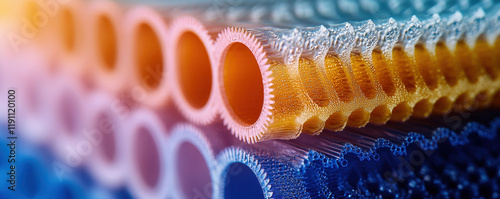 Close up of colorful reverse osmosis membrane layers stacked together