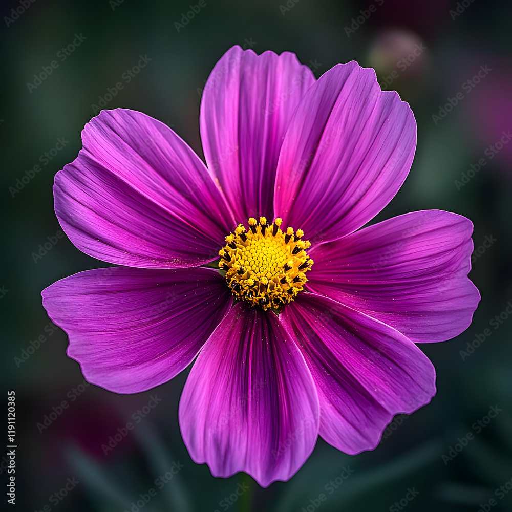 Obraz premium Vibrant purple cosmos flower in full bloom, showcasing its delicate petals and bright yellow center. A stunning example of natural beauty.