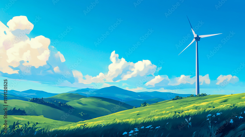 A scenic view of a modern wind turbine set against a vibrant green grassy landscape under a clear blue sky