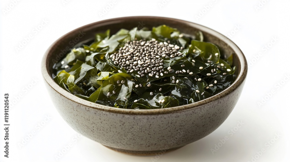 Seaweed in a smoothie bowl topped with chia seeds, isolated on a pristine white surface Seaweed in a smoothie bowl topped with chia seeds, isolated on a pristine white surface
