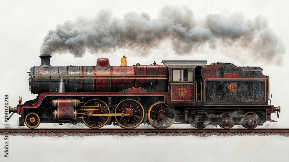 Obraz premium Vintage steam locomotive, smoking, on tracks.