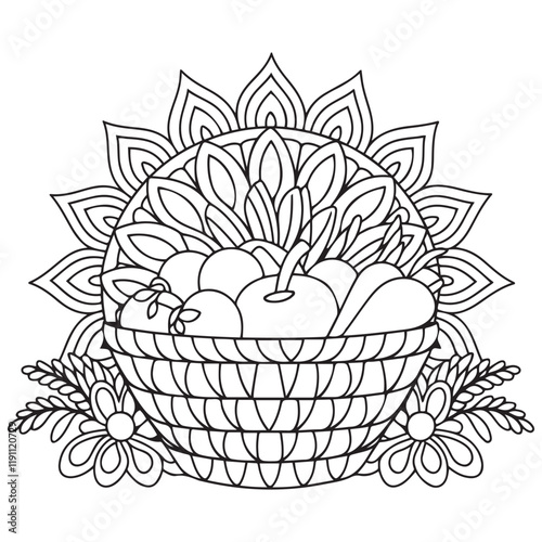 Basket full of fruits and vegetables outline coloring page. Thanksgiving hand drawn colouring
