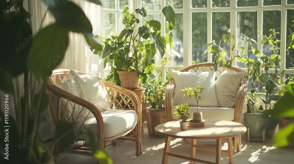 Fototapeta premium Cozy Indoor Plant Lounge with Natural Light and Greenery