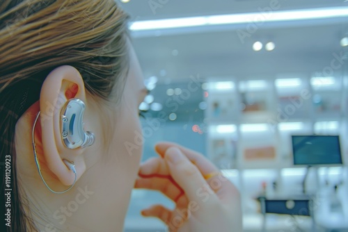 Demonstration of invisible hearing aids to female patient. photo