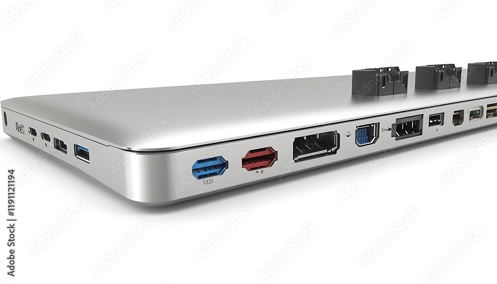 Sleek aluminum laptop docking station with various ports and outlets white background Sleek aluminum laptop docking station with various ports and outlets white background