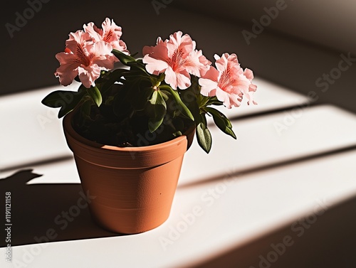 A house plant in a clay pot on a light background with harsh contour lighting. Azalea. The sun's rays. photo