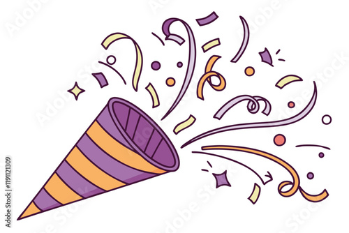 Festive party popper, colorful confetti explosion, striped cone shape, vibrant purple and orange, cheerful celebration, whimsical illustration, playful design, flying paper streamers, dynamic composit