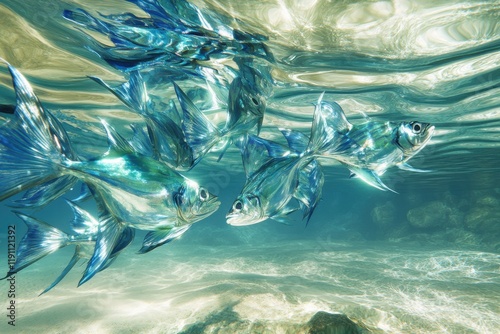 Energetic school of jacks in sync photographed vividly