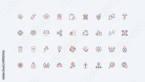 Environmental Social Governance line icon set. ESG, global sustainability and responsibility regulation, human support and welfare, law integrity thin black and red outline symbols vector illustration