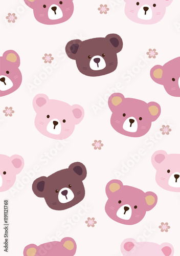 Breow Bear, pink bear, light pink bear, small flower on creame color background.Vector seamless pattern.