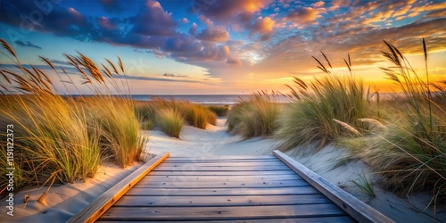 Serene Tropical Beach Boardwalk Pathway Leading into a Tranquil Landscape – Perfect for Travel, Adventure, and Outdoor Design Projects