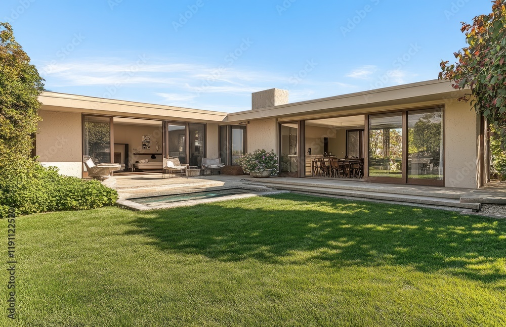 an artificial grass lawn in the backyard, outdoor furniture around it and next to pool area with palm trees surrounding the back yard of a luxury home an artificial grass lawn in the backyard, outdoor furniture around it and next to pool area with palm trees surrounding the back yard of a luxury home