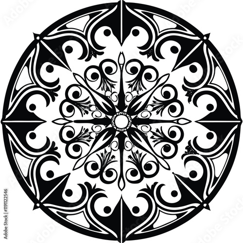 A vector illustration of a mandala silhouette with a white background. The mandala has a circular pattern with multiple layers of interlocking geometric shapes, including triangles, squares, and circl