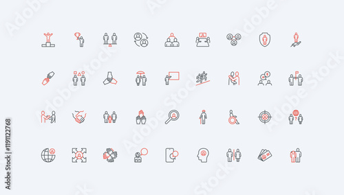 Community of people, family and business company team member, partnership and charity organization line icon set. Hand of help, relationship thin black and red outline symbols vector illustration