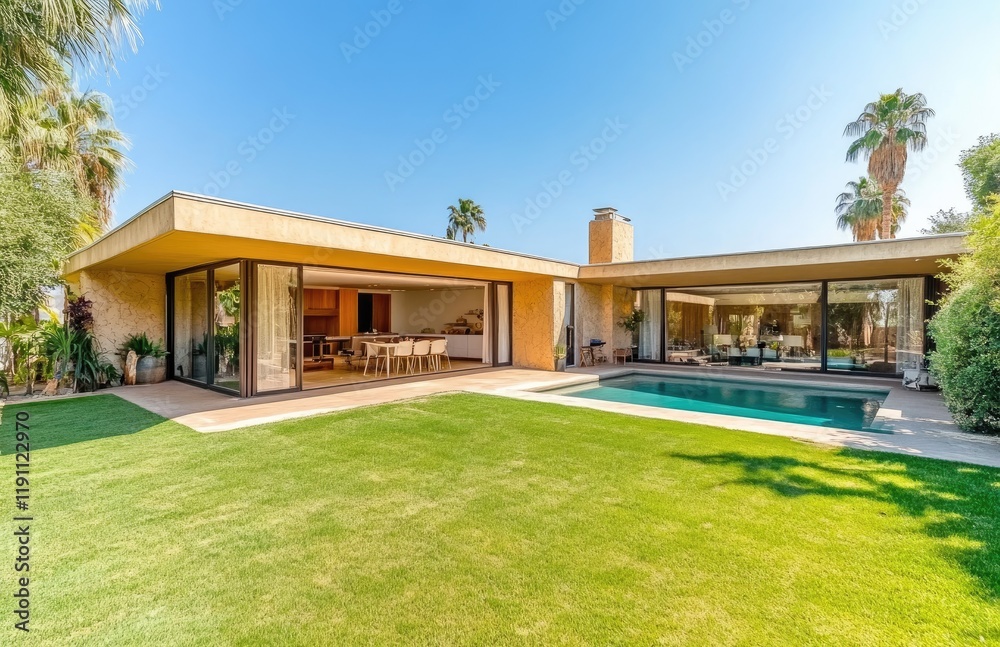 an artificial grass lawn in the backyard, outdoor furniture around it and next to pool area with palm trees surrounding the back yard of a luxury home an artificial grass lawn in the backyard, outdoor furniture around it and next to pool area with palm trees surrounding the back yard of a luxury home