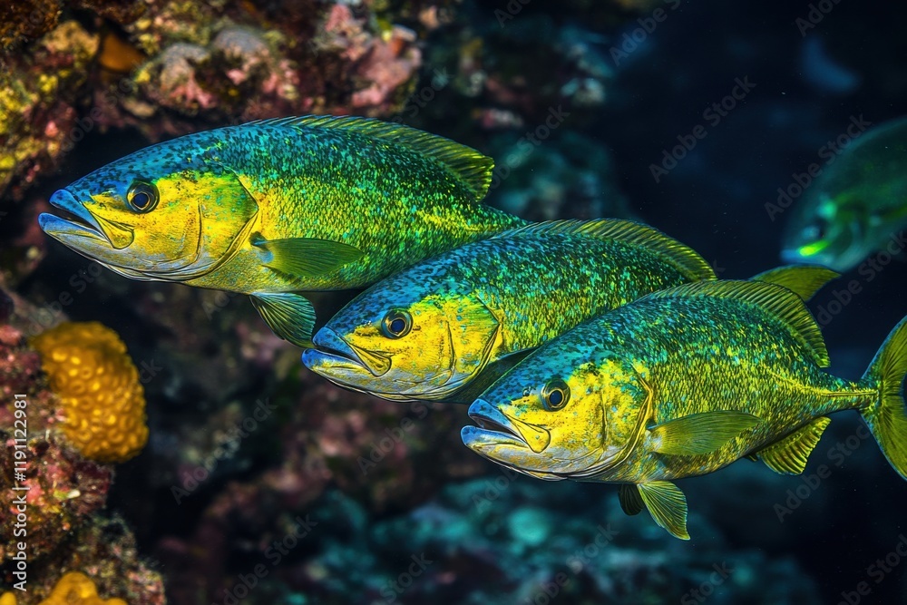 Naklejka premium School of colorful mahimahi swims gracefully in vibrant reef