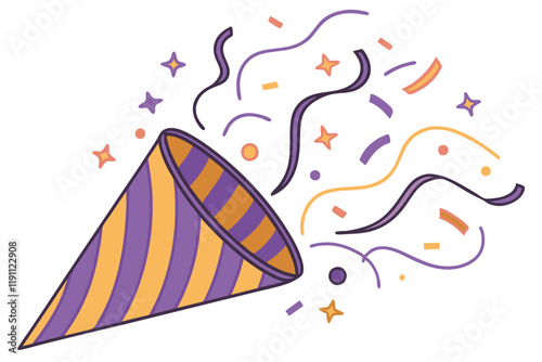 Festive party popper, colorful confetti explosion, striped cone shape, vibrant purple and orange, cheerful celebration, whimsical illustration, playful design, flying paper streamers, dynamic composit