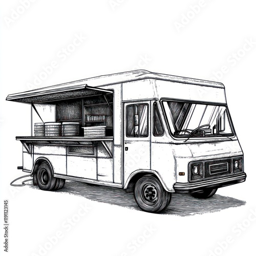 Vintage food truck serving lunch, city street background, menu design
