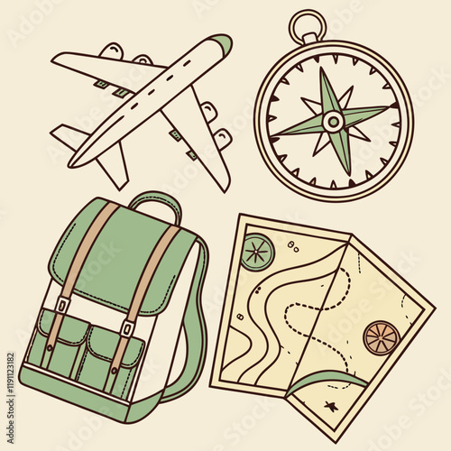 Travel essentials airplane backpack compass and map hand drawn style adventure gear