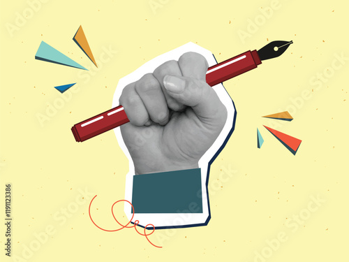 Cartoon fountain pen held in raised hand - creativity concept. Modern photo collage style. Vector illustration