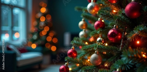 Festive Christmas tree adorned with colorful ornaments and soft glowing lights.