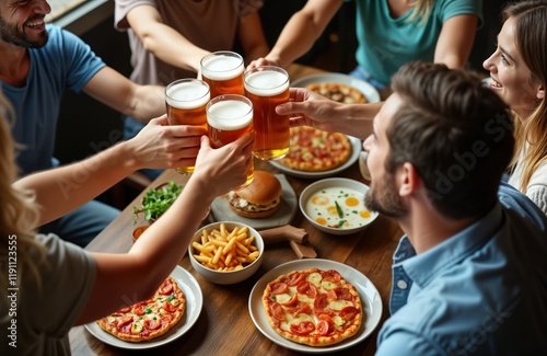 Group of friends enjoying meal at brewery bar. Sitting together, toasting with beer glasses. Food on table like pizza, burgers. Summer day, casual setting. Look happy, friendly. photo