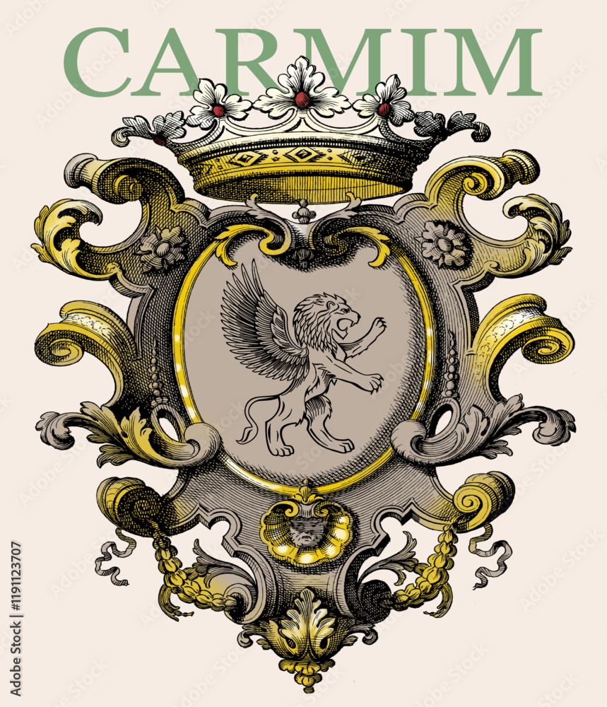 Estampa de corazon ornamentado con corona y tigre carmin