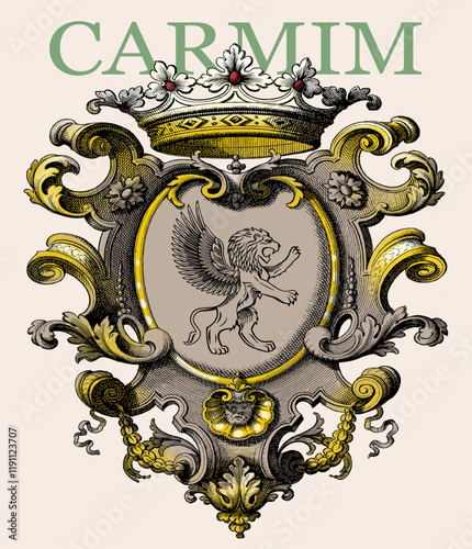 Estampa de corazon ornamentado con corona y tigre carmin
