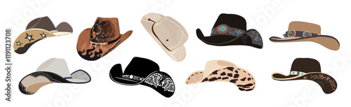 Set of different cowboy hats with traditional western decorations. Wild west fashion style. Vector realistic illustrations isolated on white background.