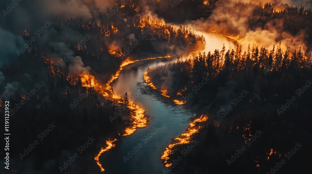 Aerial View of Winding River Surrounded by Forest Fire and Smoke Aerial View of Winding River Surrounded by Forest Fire and Smoke