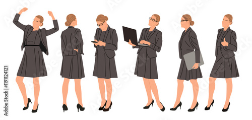 Businesswoman character in different poses. Pretty woman wearing formal suit standing, using phone, laptop, front, back, side view. Vector realistic illustration isolated on white background.