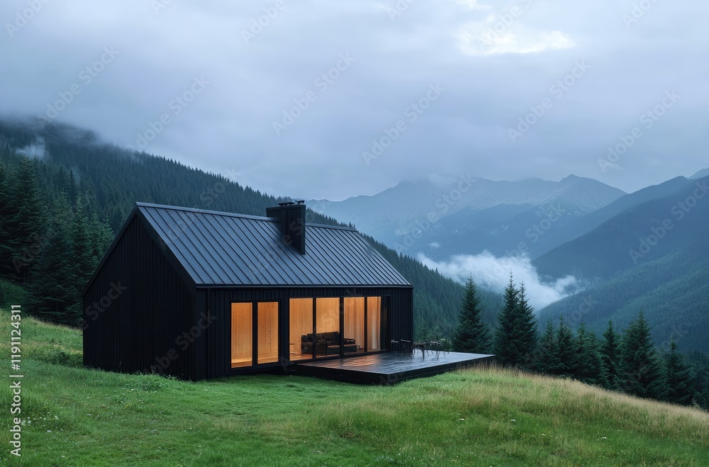 A small black cabin in the Carpathian Mountains, surrounded by green grass and pine trees, overlooking misty mountains at dawn A small black cabin in the Carpathian Mountains, surrounded by green grass and pine trees, overlooking misty mountains at dawn