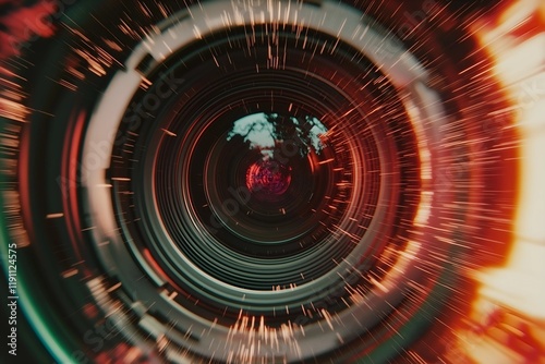 Dynamic Close-Up of a Film Camera Lens with Vibrant Light Flares Symbolizing Cinematic Energy