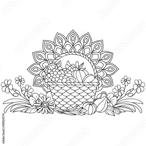 Basket full of fruits and vegetables outline coloring page. Thanksgiving hand drawn colouring