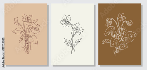 Set of Violet February birth month flower Line Art Drawings. Botanical Poster. Modern Wall Art, Aesthetic Contour. Trendy design for Posters, cards, invitations, logo, tattoo. Vector illustrations.