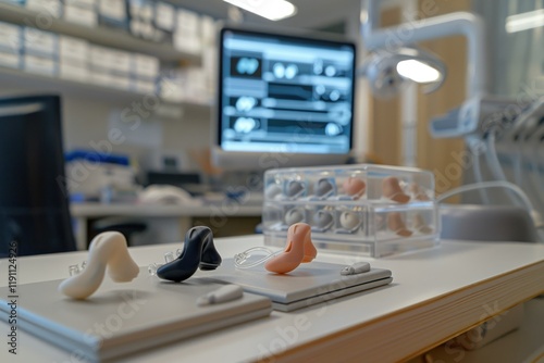 Audioprosthetist presents hearing aids in two colors to patient. photo