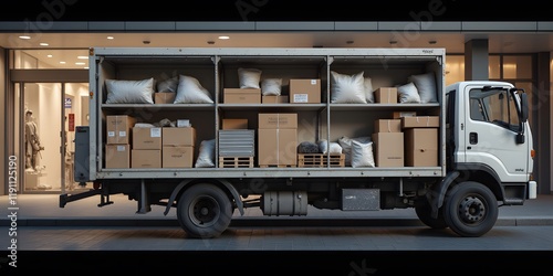A delivery truck, fully loaded with packages and pillows, sits parked at night outside a modern building. The scene is quiet and peaceful, suggesting efficient nighttime logistics.