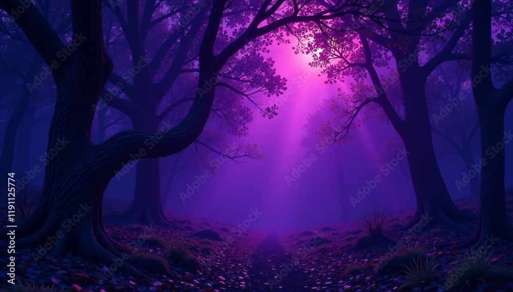 Mysterious, enchanting forest illuminated by purple light and shadows. Mysterious, enchanting forest illuminated by purple light and shadows.