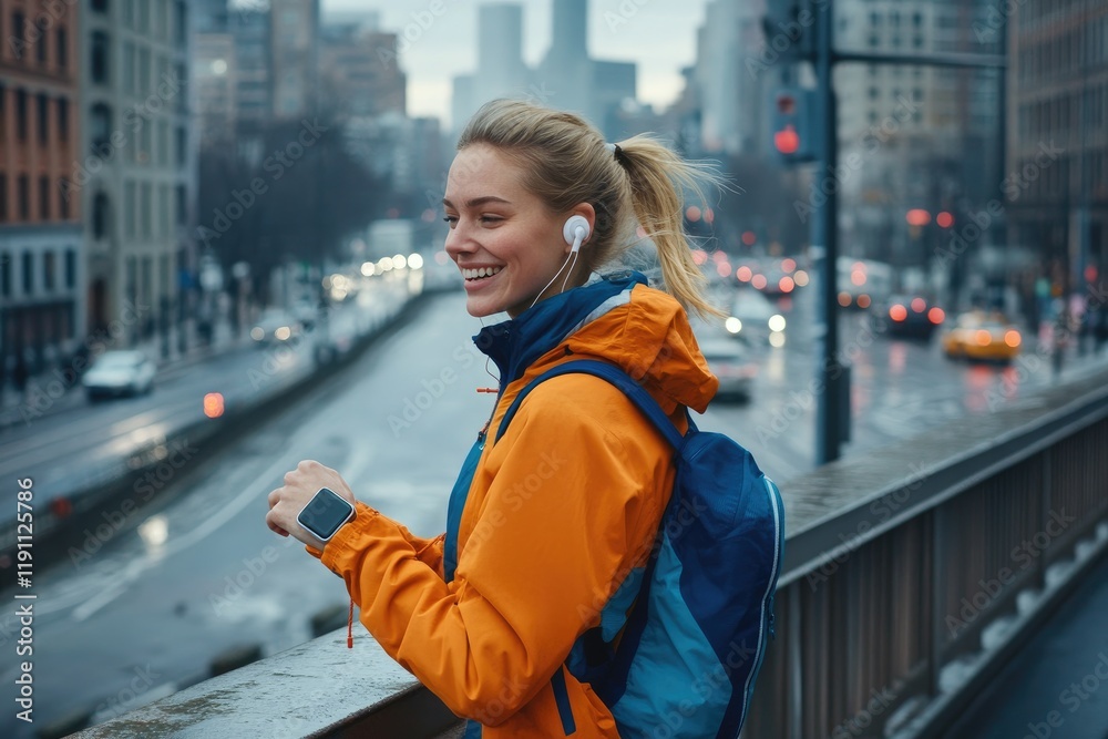 Obraz premium A woman in athletic gear, wearing headphones and smiling while looking at her smartwatch on the bridge over a river