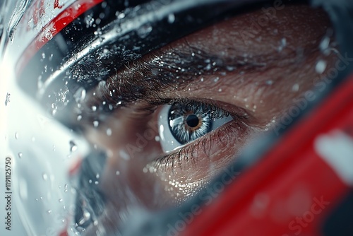 A racing driver stares intensely ahead, showcasing a captivating blue eye behind a frosted visor. Snowflakes accumulate around the helmet, indicating a challenging race atmosphere photo