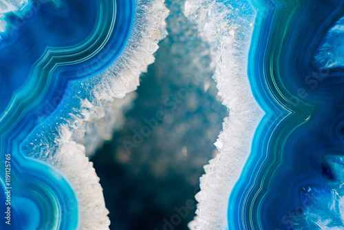 Close-Up of Vibrant Blue Geode Featuring Crystals and Layered Marble Formation