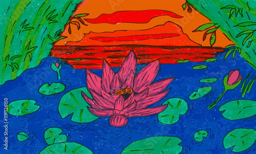 Lotos blossom in a pond - ink pen - colorized. Hand painted.