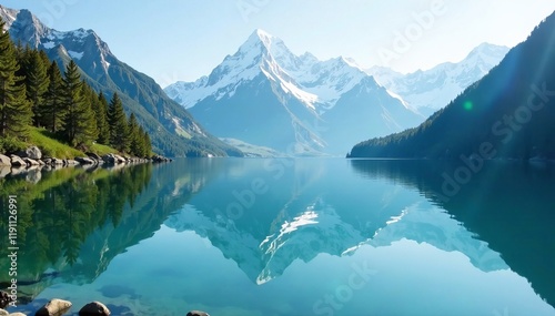 Fototapeta Naklejka Na Ścianę i Meble -  Serene mountain lake reflecting stunning peaks under a clear blue sky.
