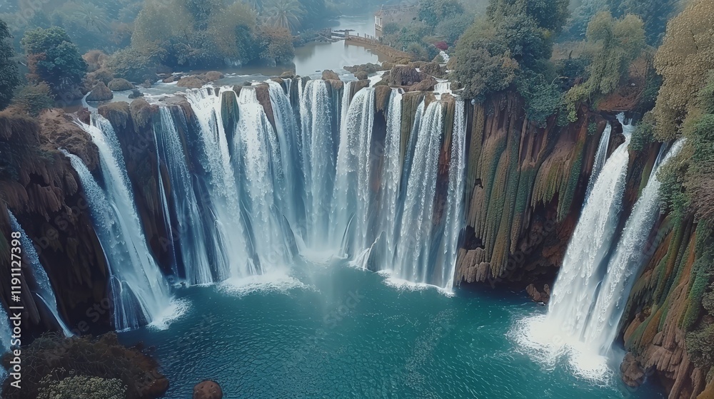 Naklejka premium Breathtaking aerial perspective of lush tropical forests and majestic waterfalls