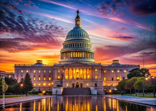 US Capitol Building Illuminated at Dusk, Timelapse, Clear Sky, Washington DC